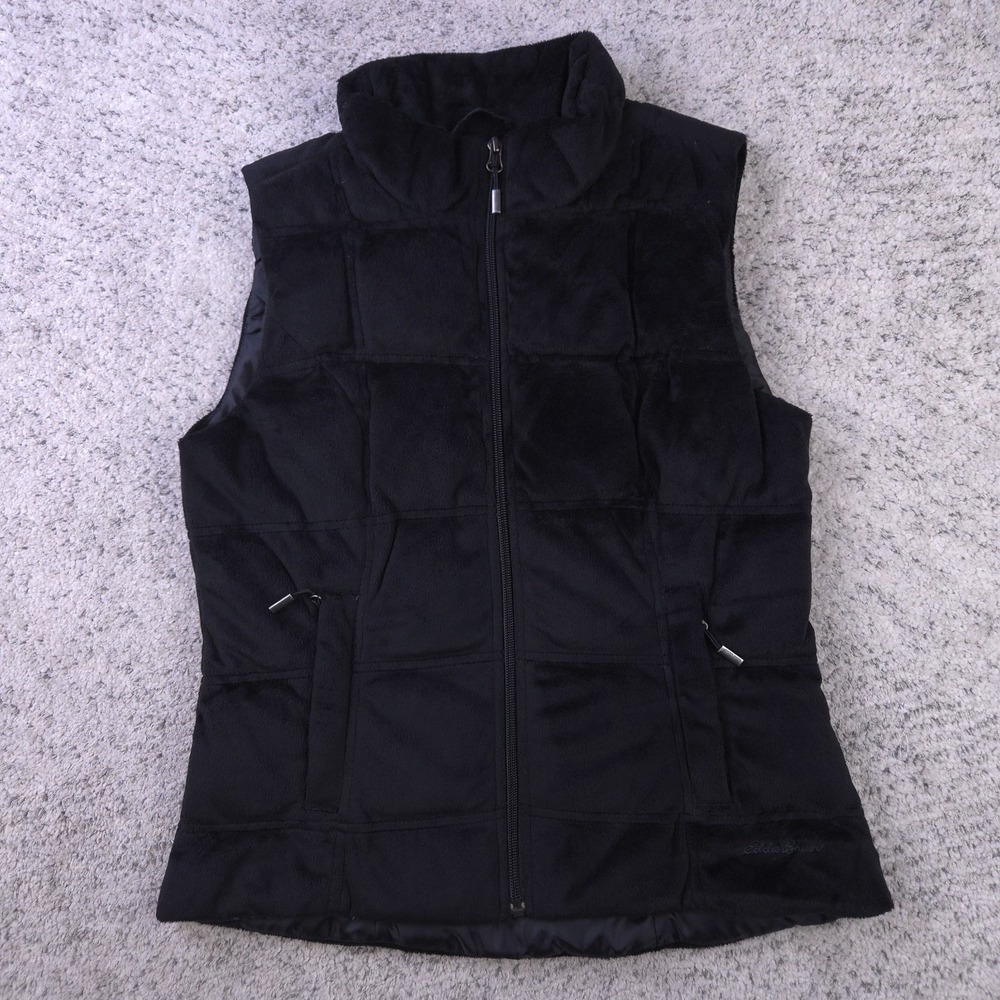 Eddie Bauer Goose Down Vest Womens Size XS Quilted Puffer Sueded Black Premium